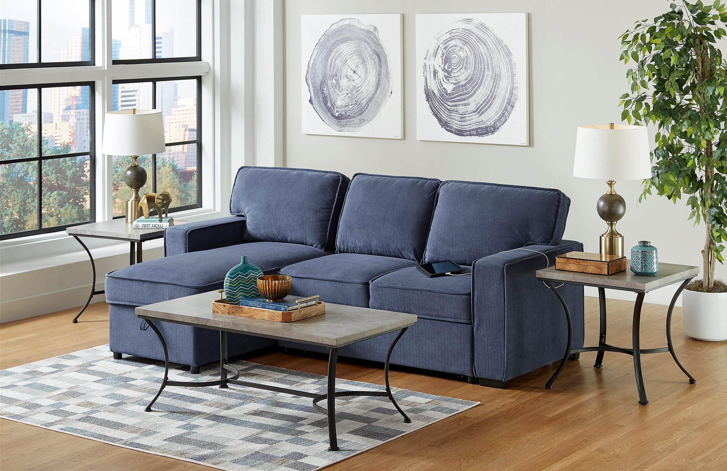 Rent To Own Homelegance Juneau Navy Sofa Chaise With Pop Up Ottoman And   Juneau Navy Sofa Chaise With Pop Up Ottoman And Drop Down Table